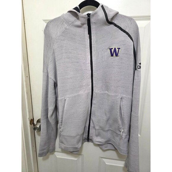 Adidas Washington Huskies Full-Zip Gray Hoodie Sweatshirt Raglan Sleeves Zipper - Picture 2 of 13